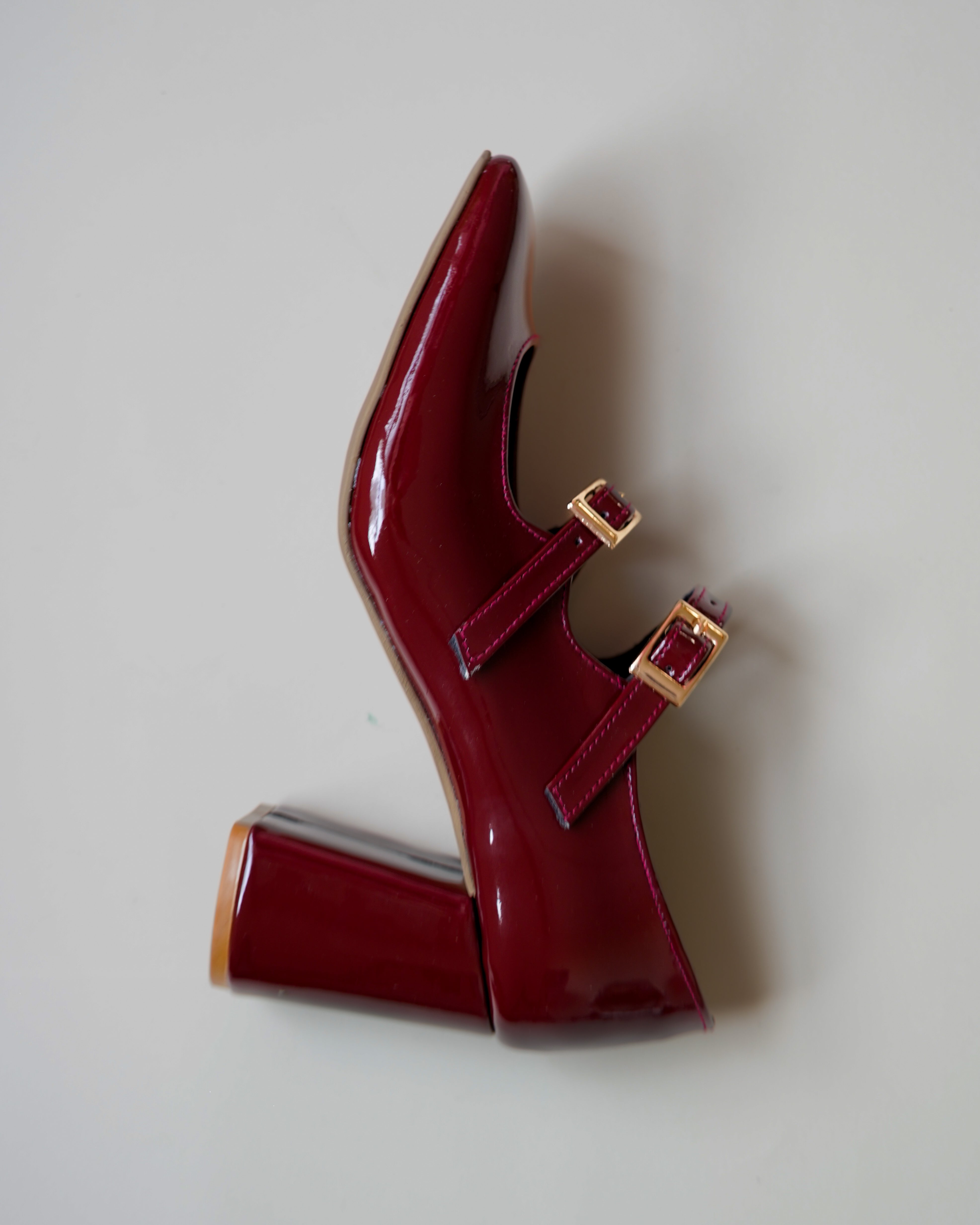 Double strap MaryJane heels in cherry red