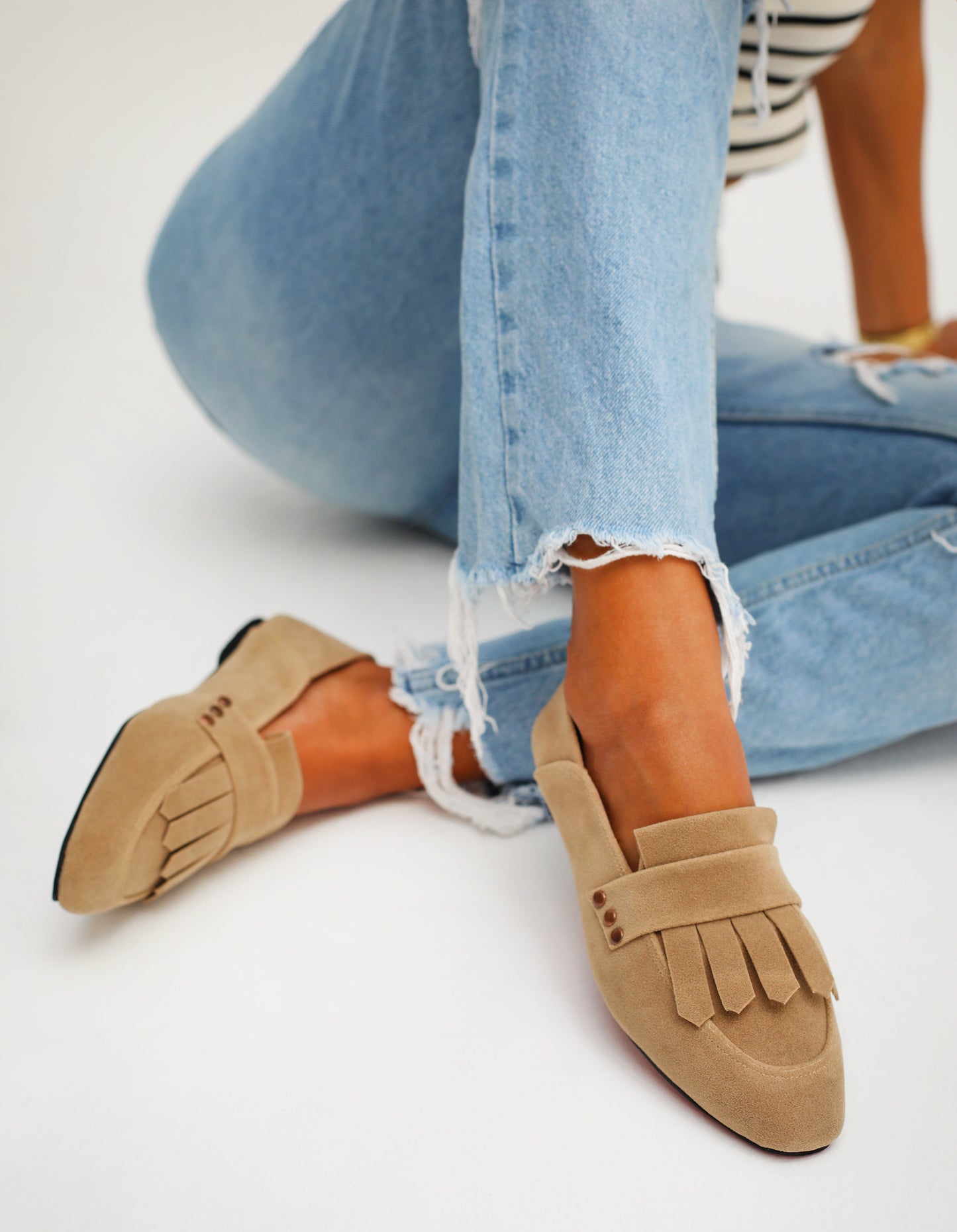 Beige Fringed Square Toe Loafers