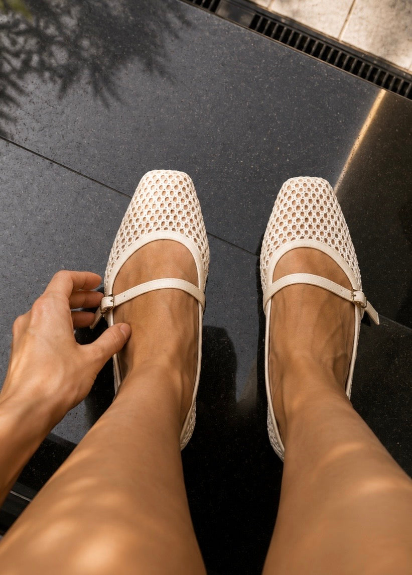 Angela Mesh MaryJane Flats in Beige