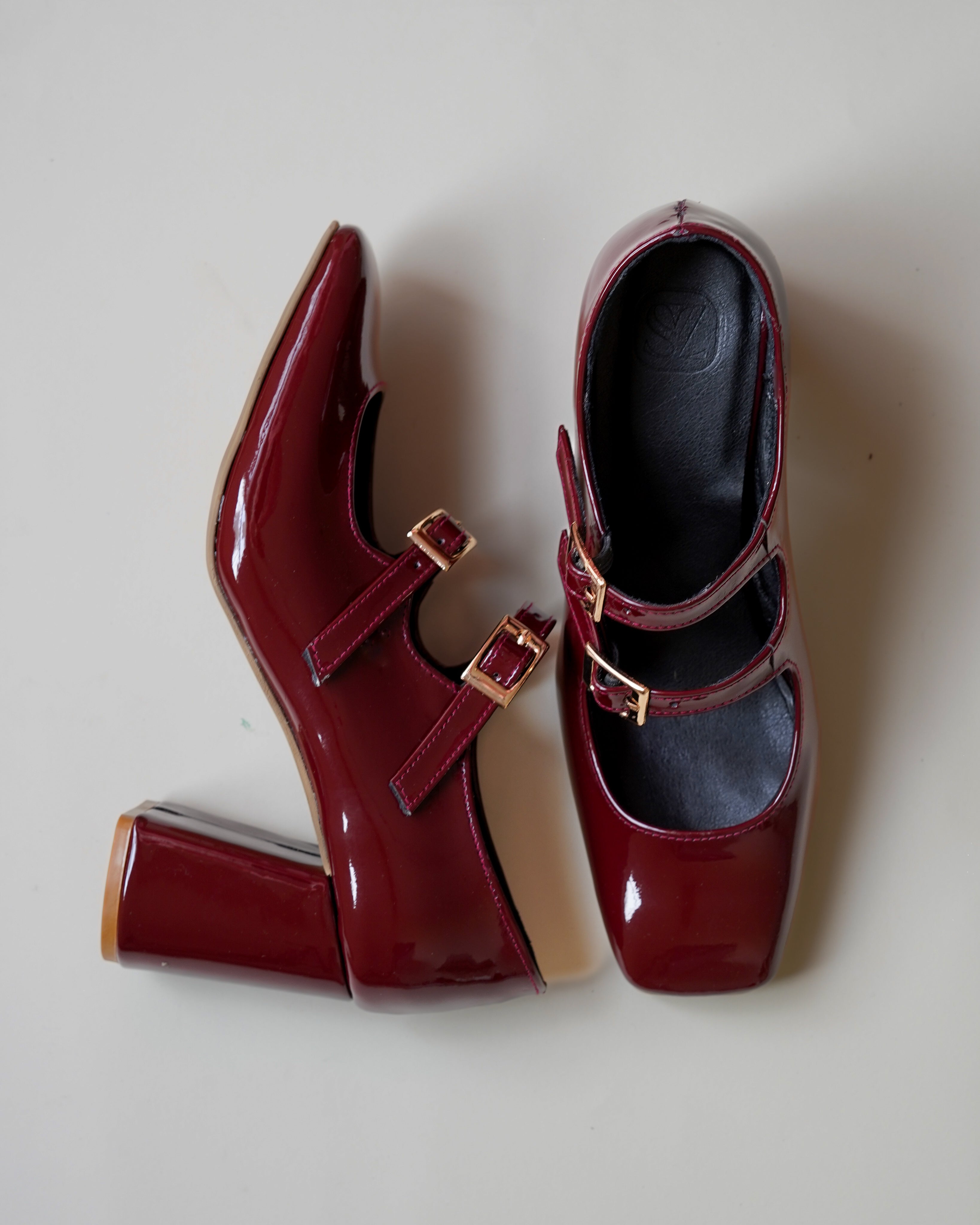 Double strap MaryJane heels in cherry red