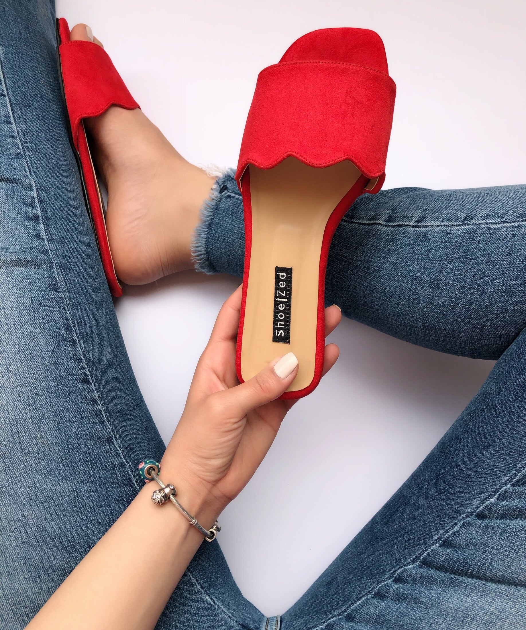 Red Scalloped Flat Sandals