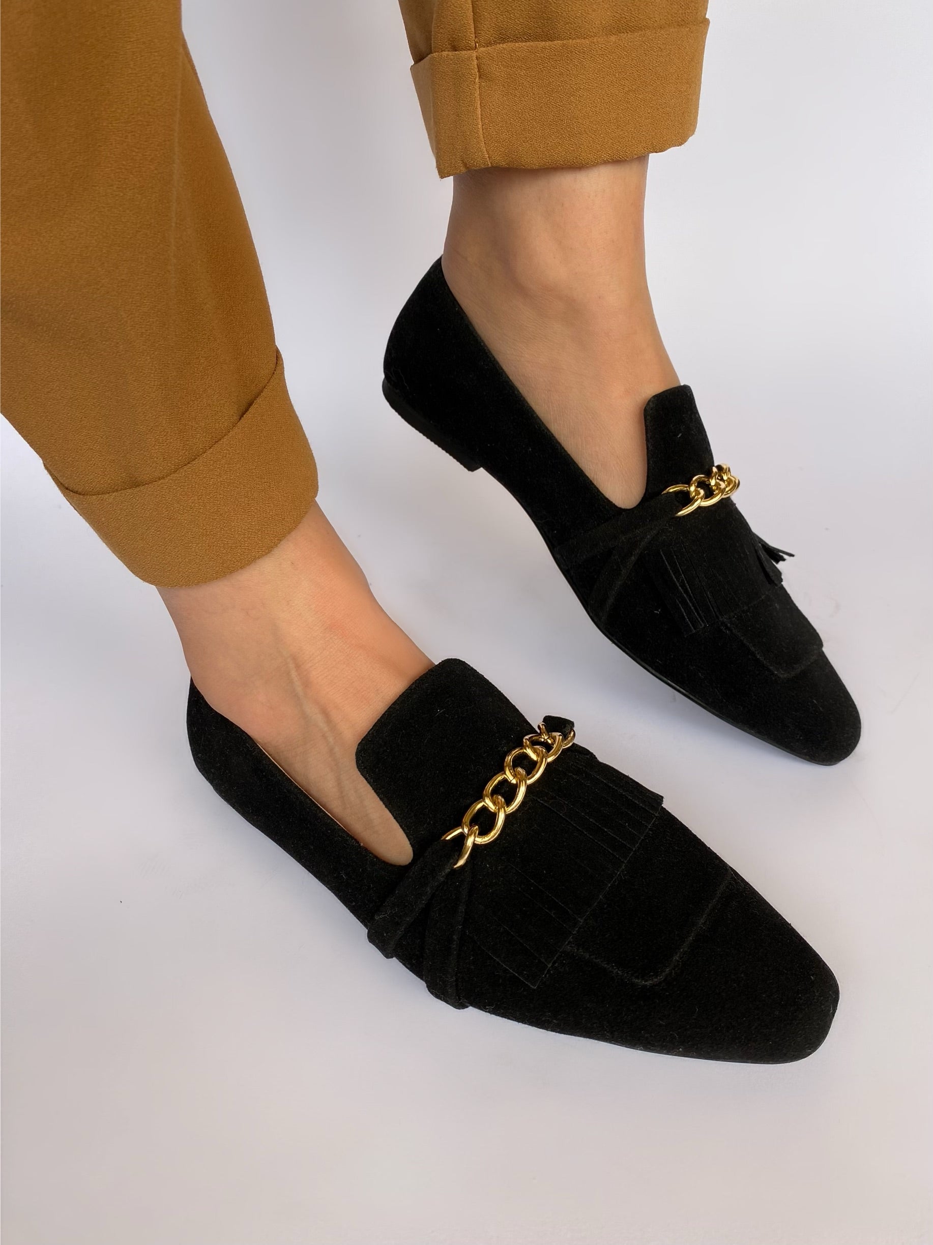 Black Daniela Fringed X Gold Chain Loafers
