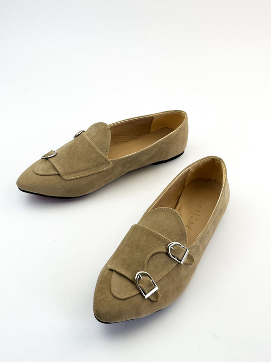 Beige Double-Monk Strap Suede Loafers