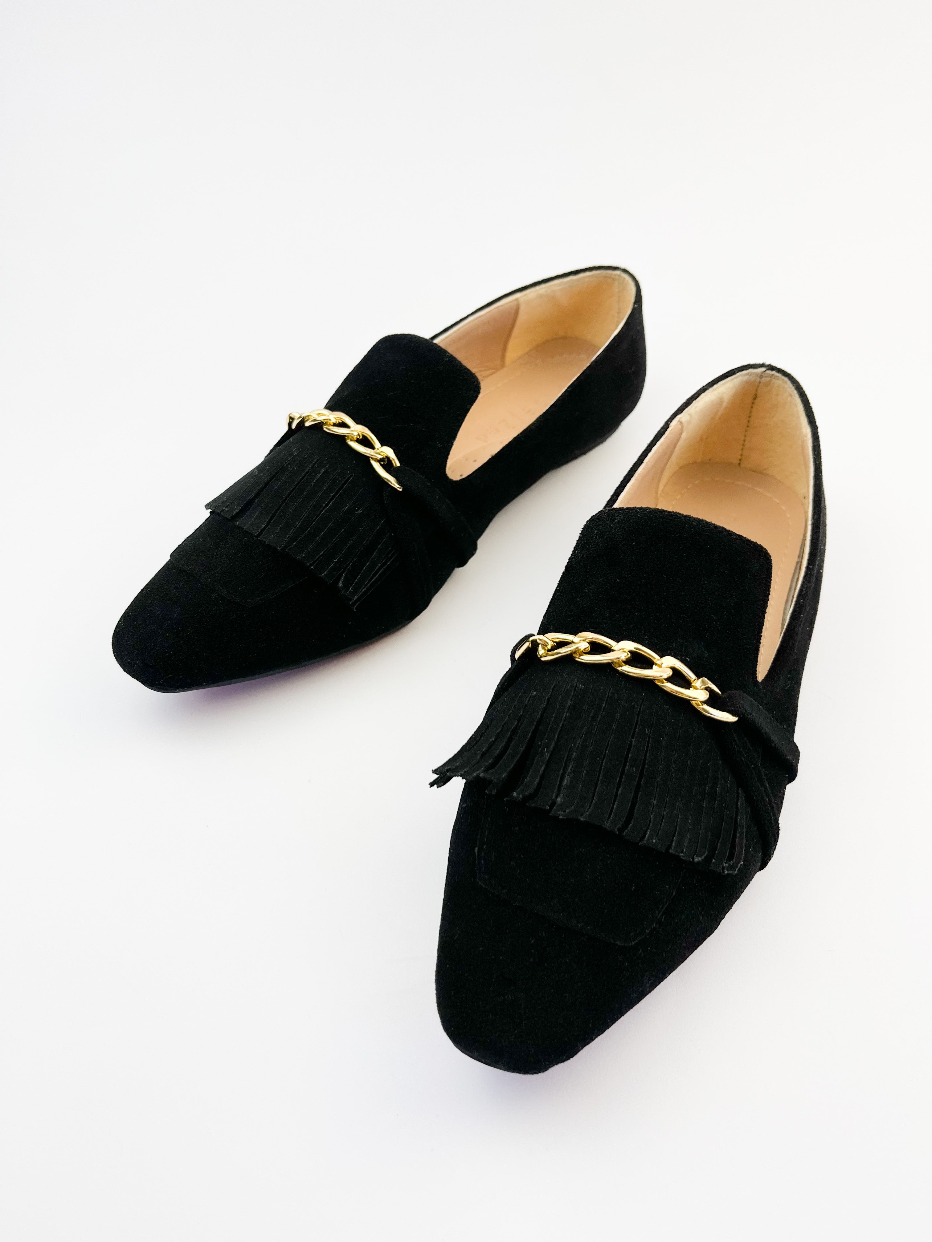 Black Daniela Fringed X Gold Chain Loafers