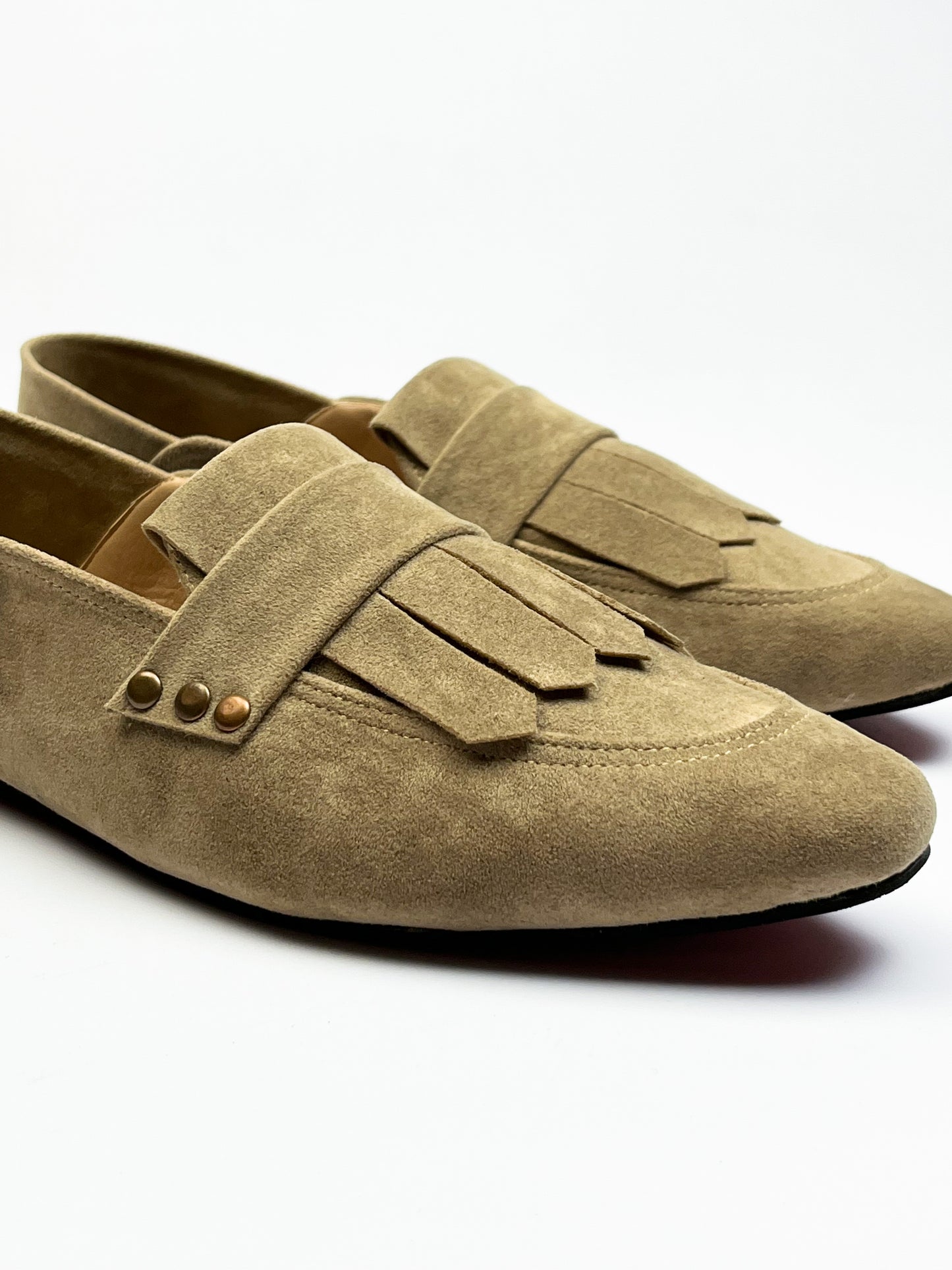 Beige Fringed Square Toe Loafers
