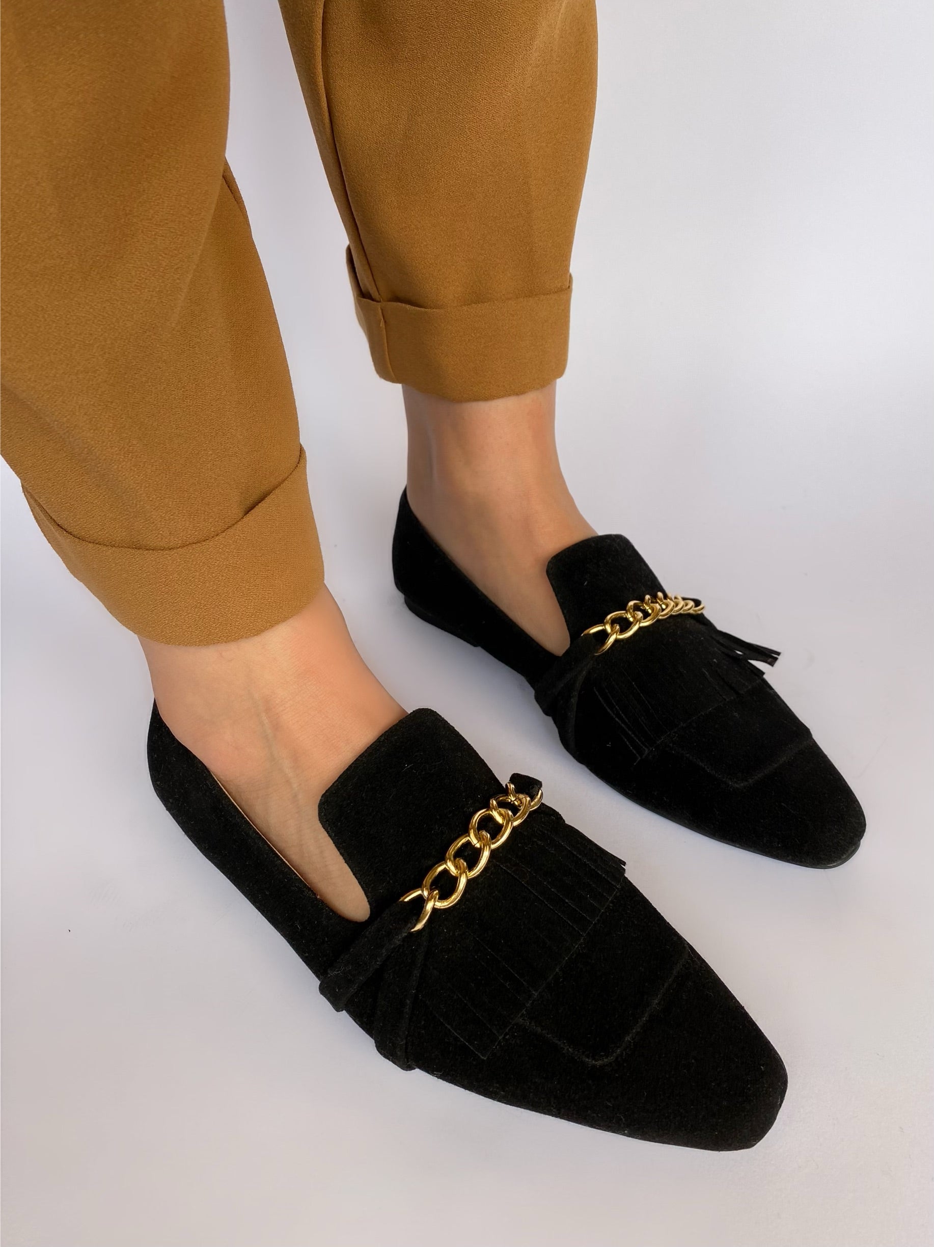 Black Daniela Fringed X Gold Chain Loafers