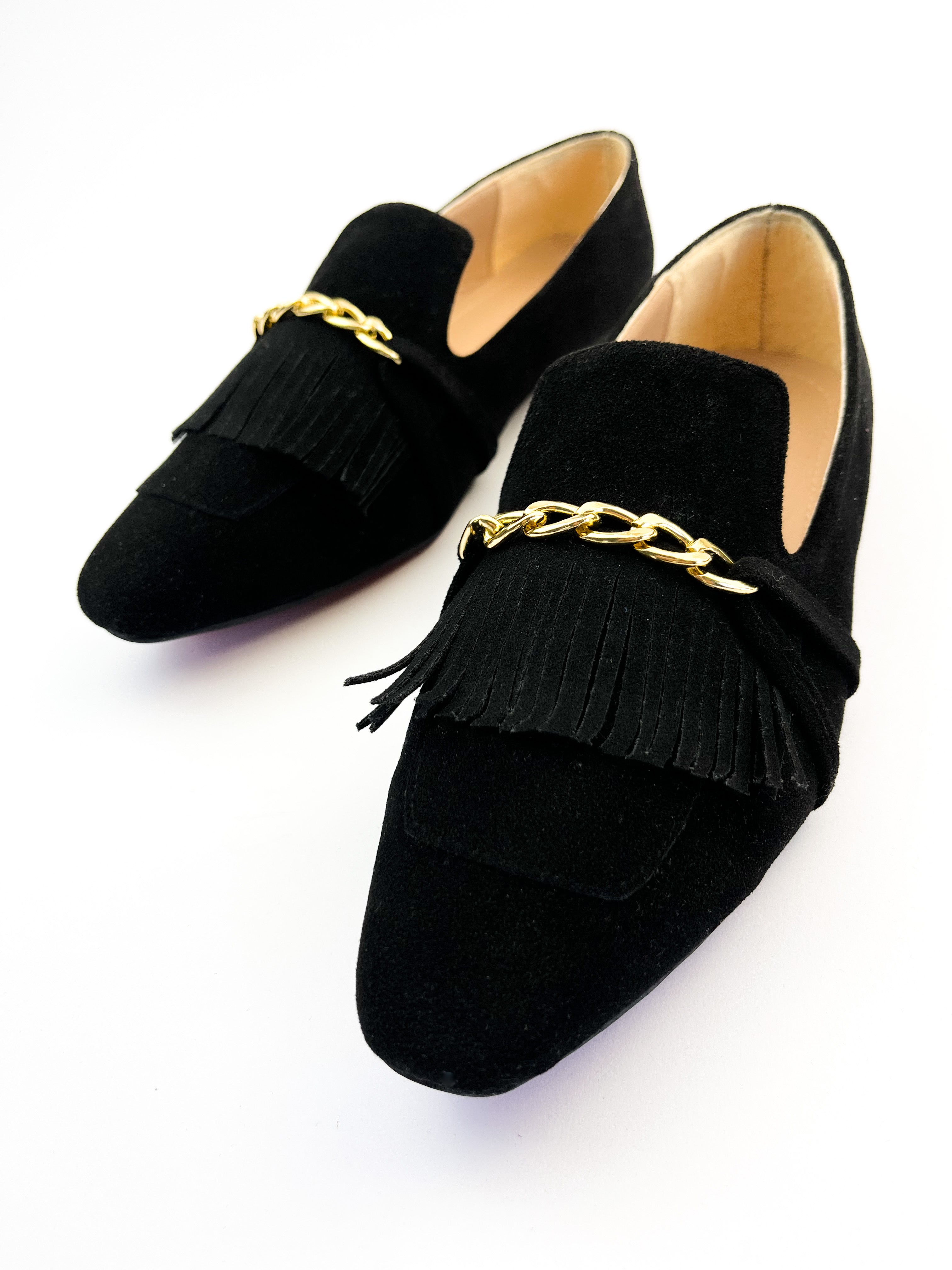Black Daniela Fringed X Gold Chain Loafers