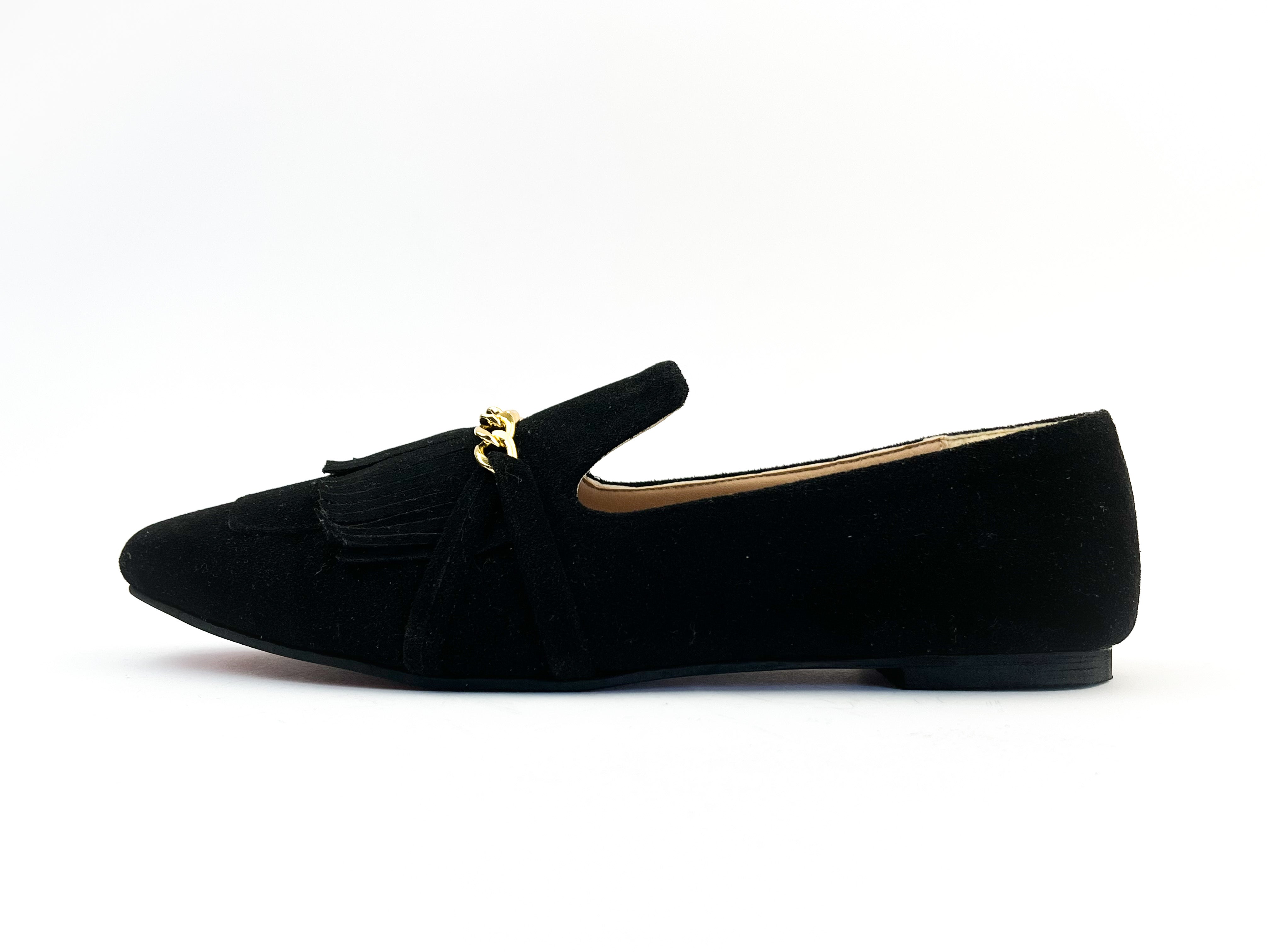 Black Daniela Fringed X Gold Chain Loafers