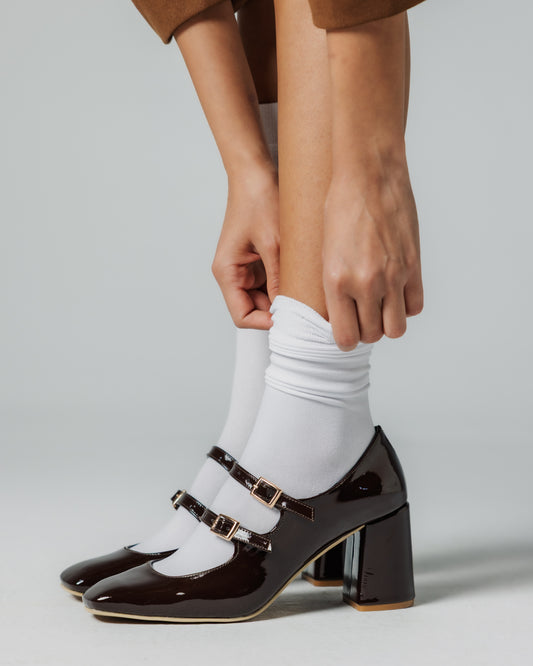 Double strap MaryJane heels in maroon