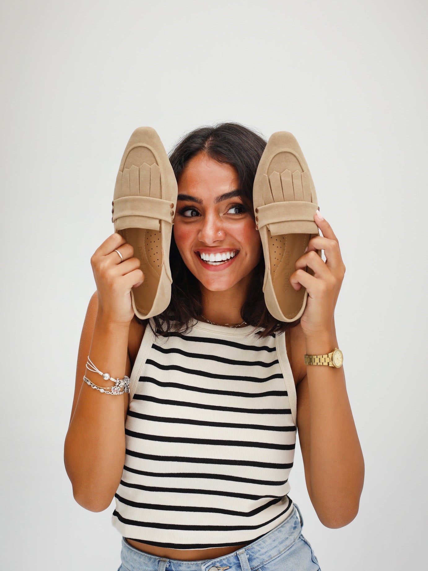 Beige Fringed Square Toe Loafers