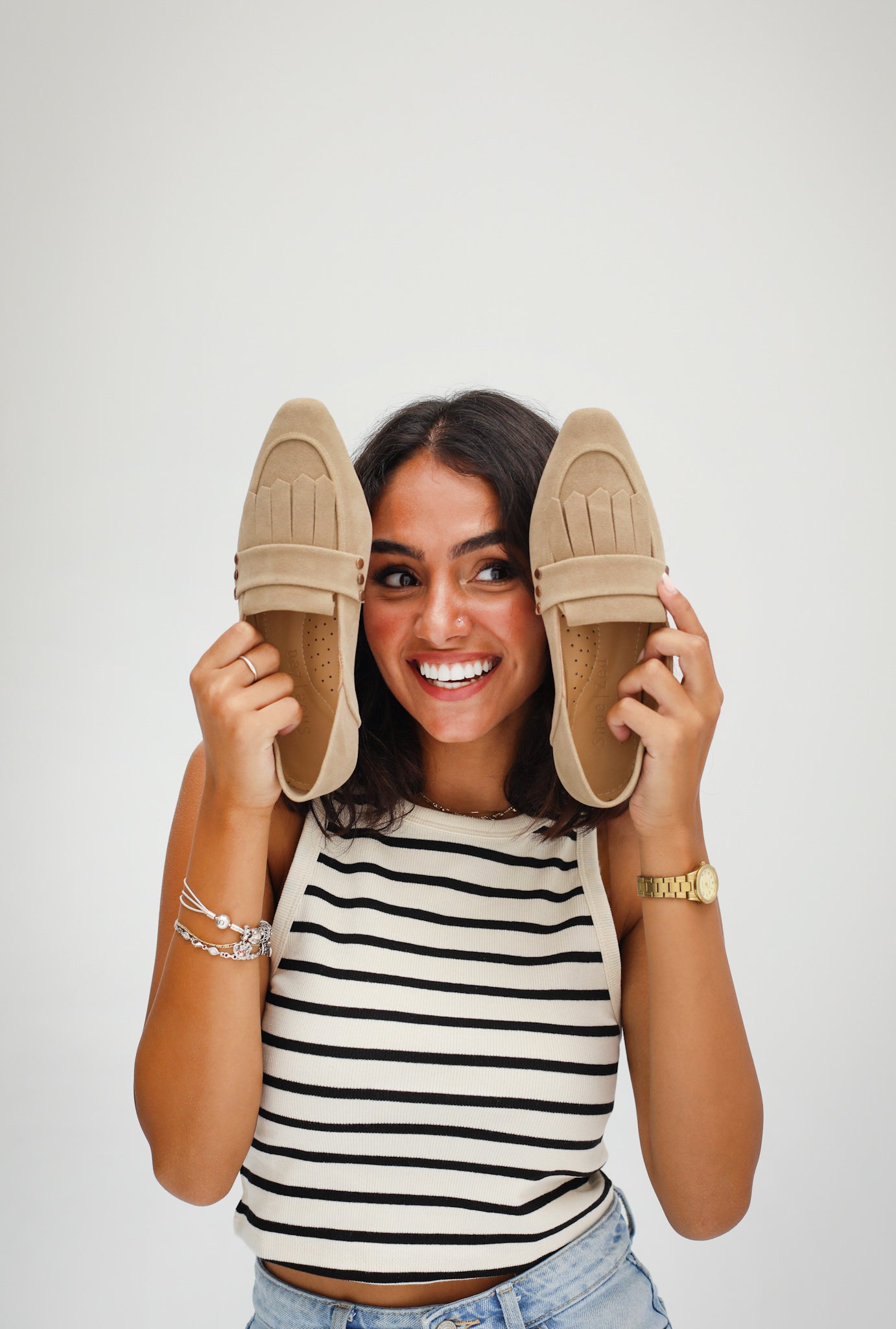 Beige Fringed Square Toe Loafers