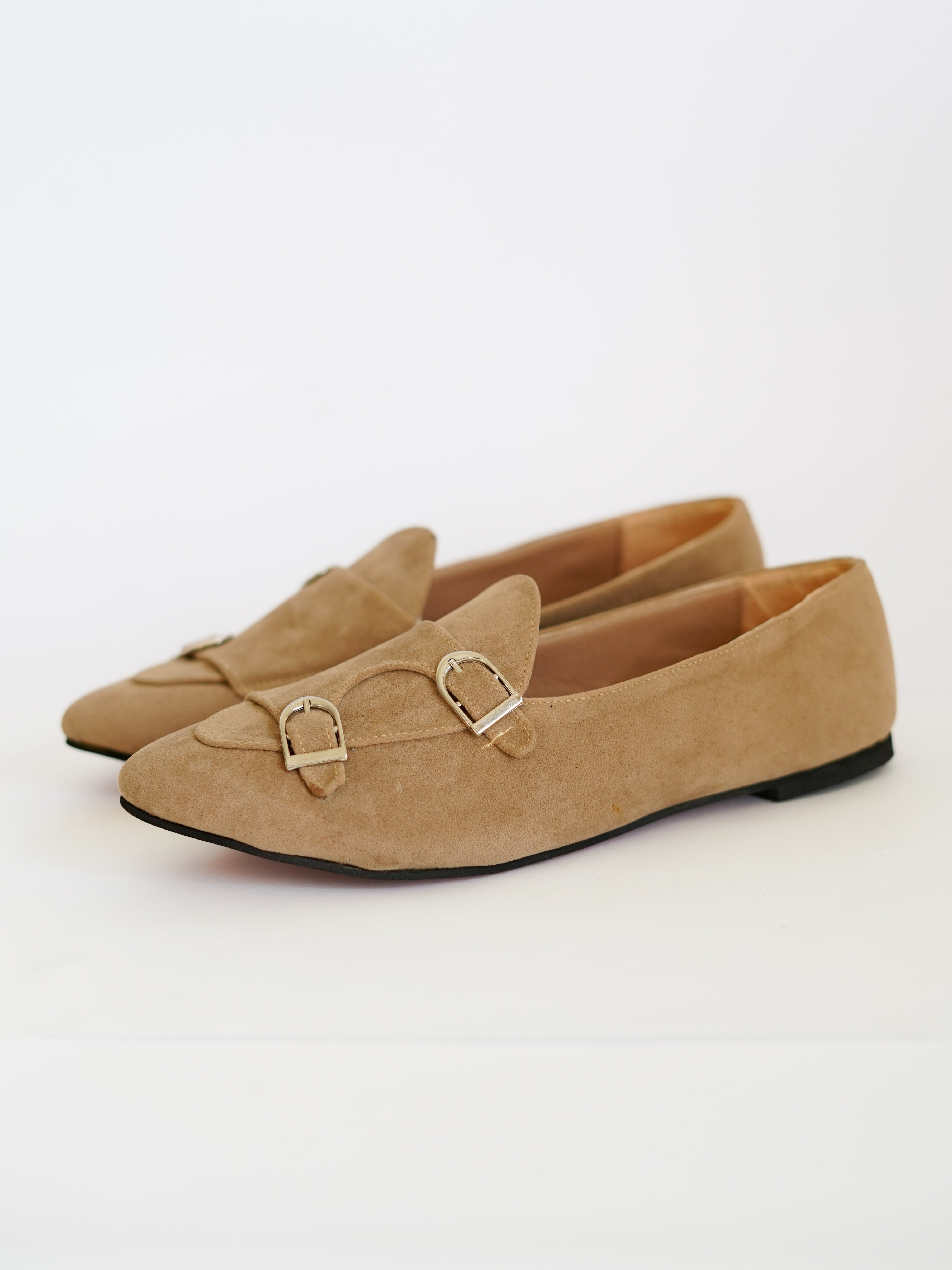 Beige Double-Monk Strap Suede Loafers