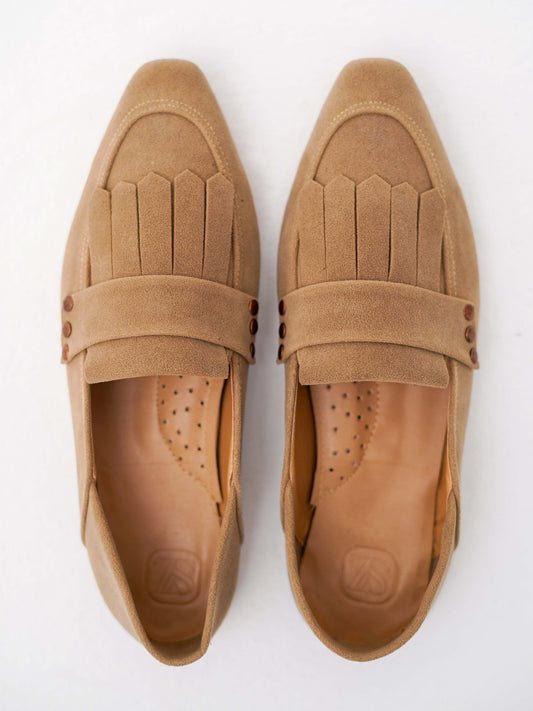 Beige Fringed Square Toe Loafers