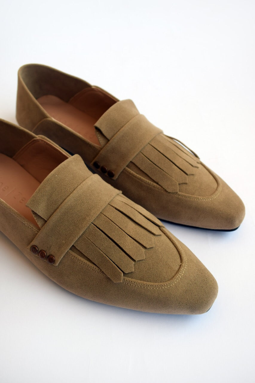 Beige Fringed Square Toe Loafers