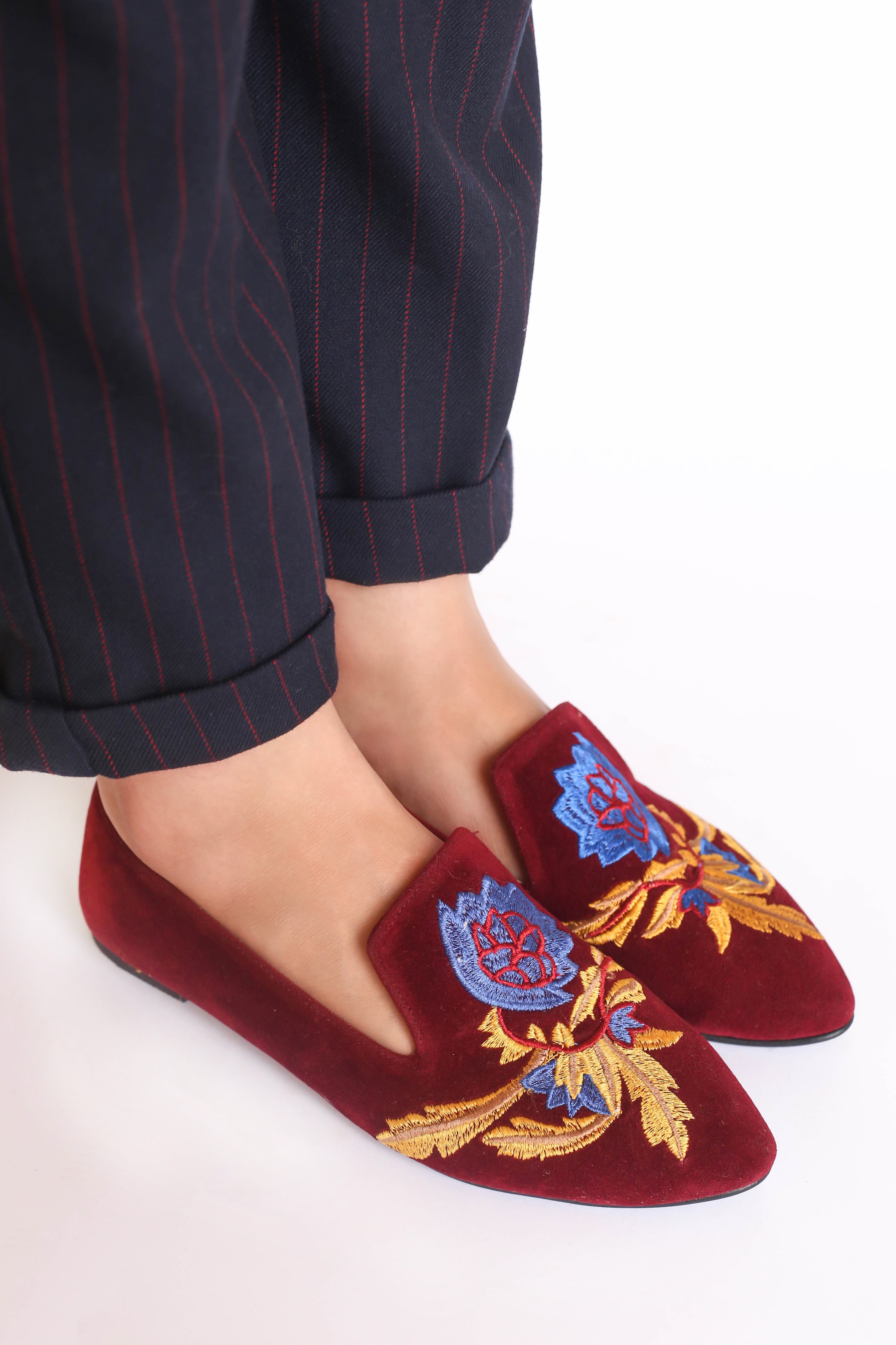Burgundy Embroidered Loafers