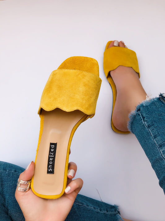 Mustard Yellow Scalloped Flat Sandals