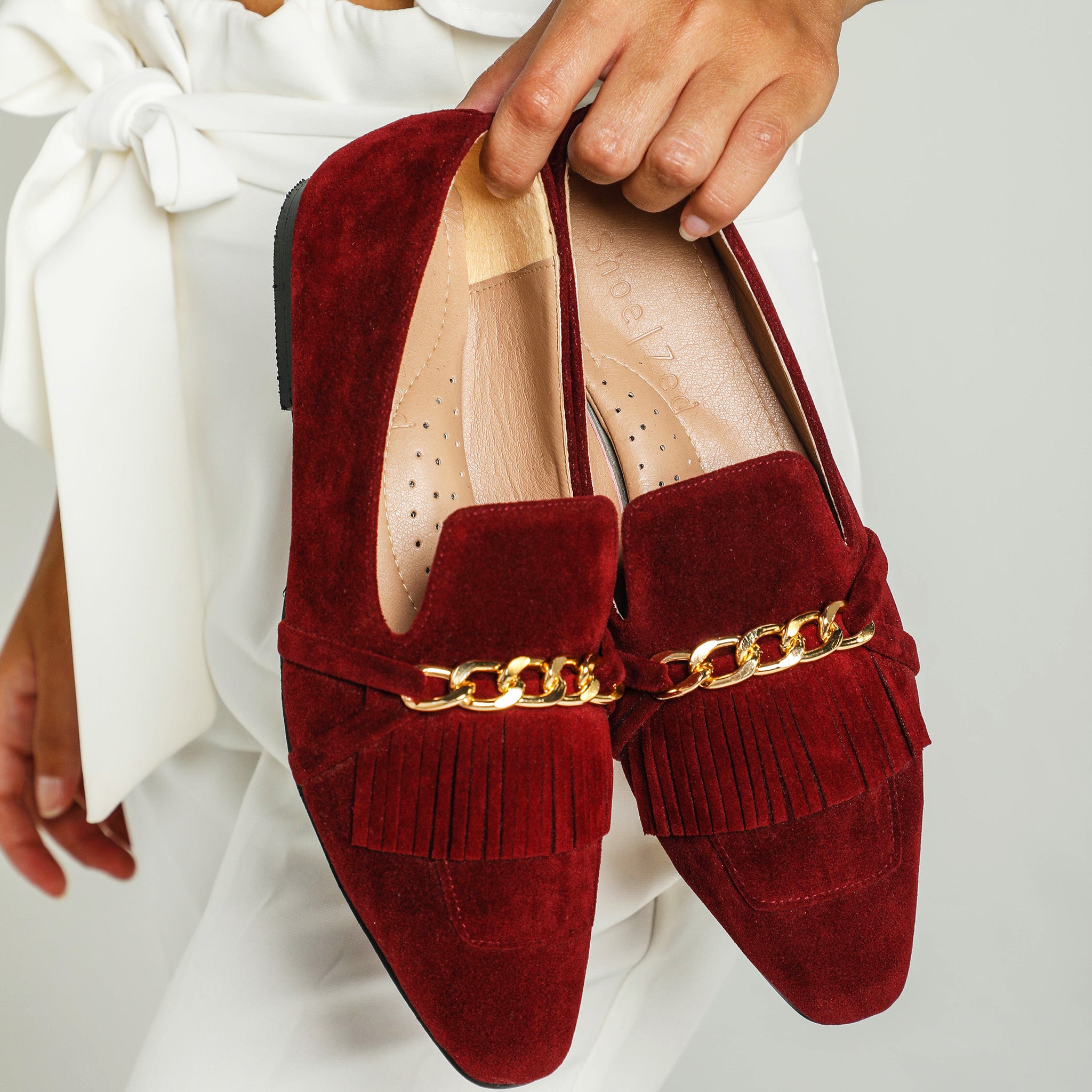 Burgundy Daniela Fringed X Gold Chain Loafers