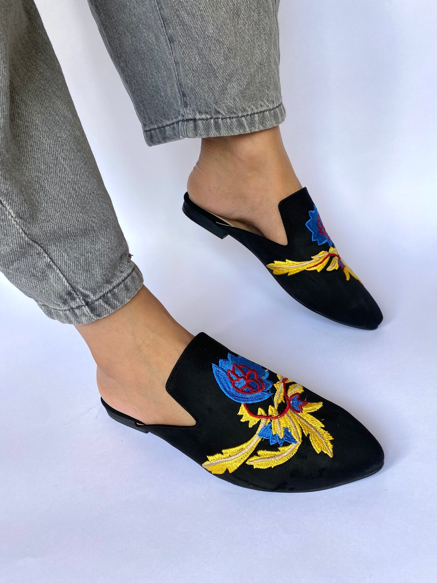 Black Embroidered Mules