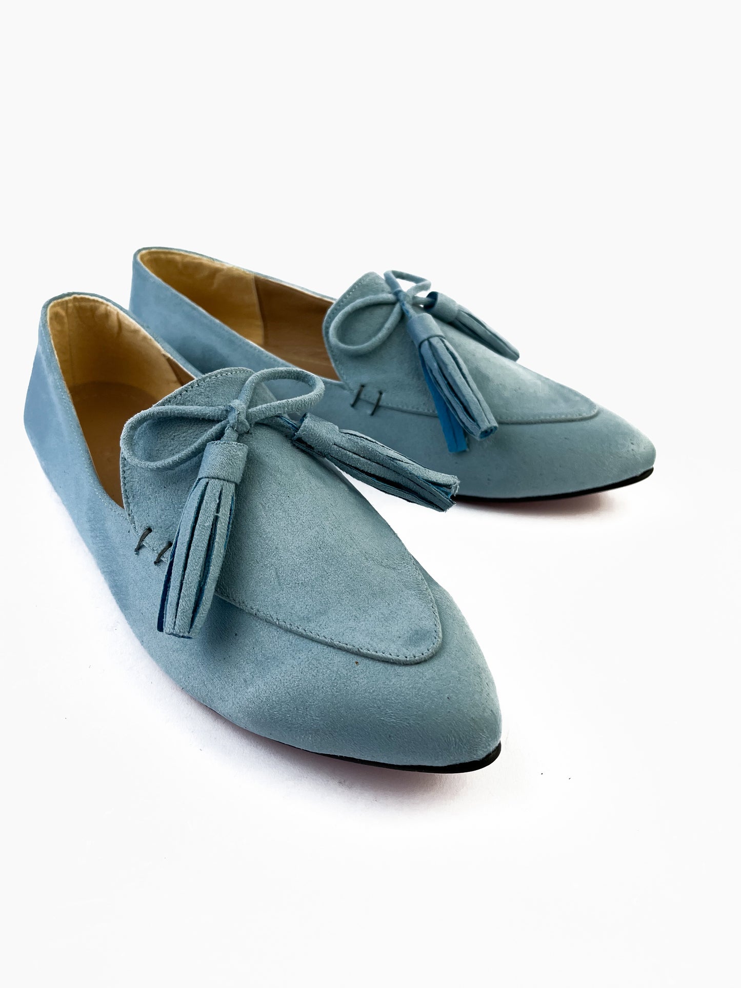 Pastel Blue Pointed Bow Tasseled Loafers
