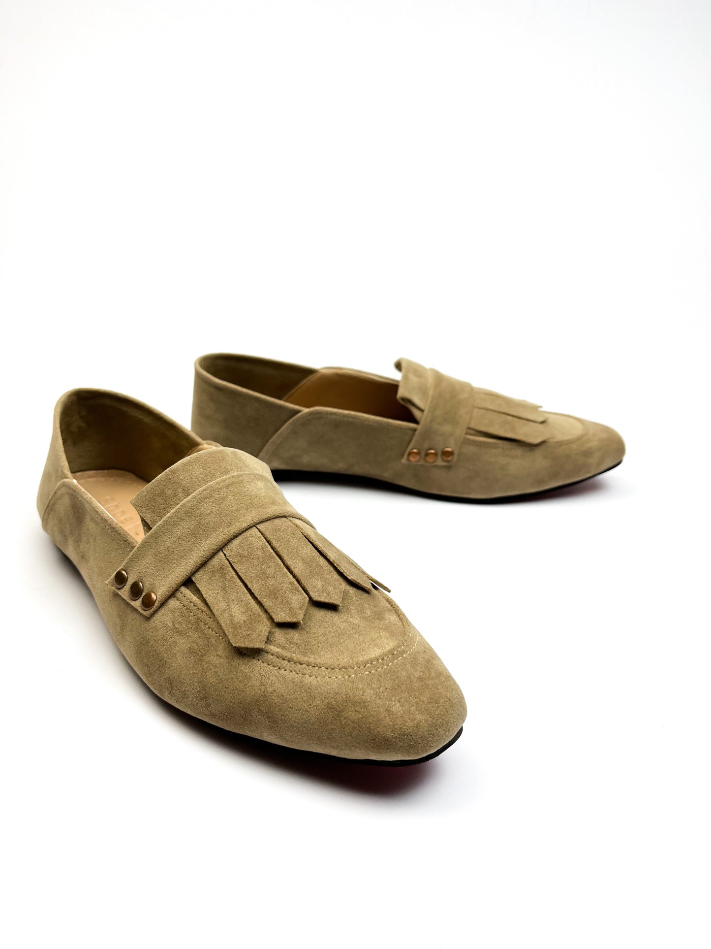 Beige Fringed Square Toe Loafers