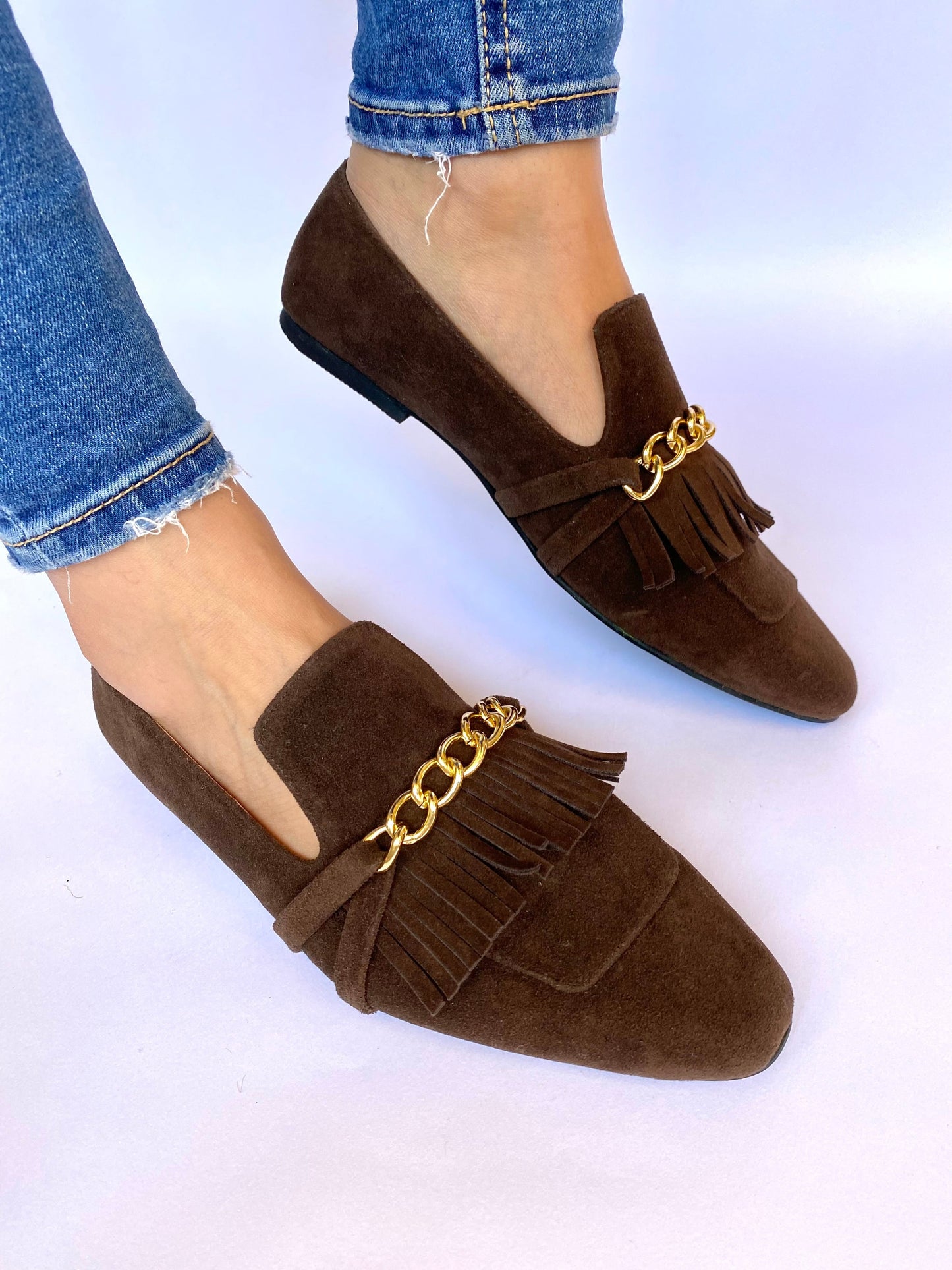 Brown Daniela Fringed X Gold Chain Loafers