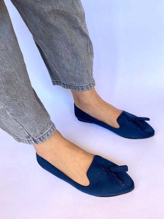 Navy Blue Classic Pointed Tasseled Flats