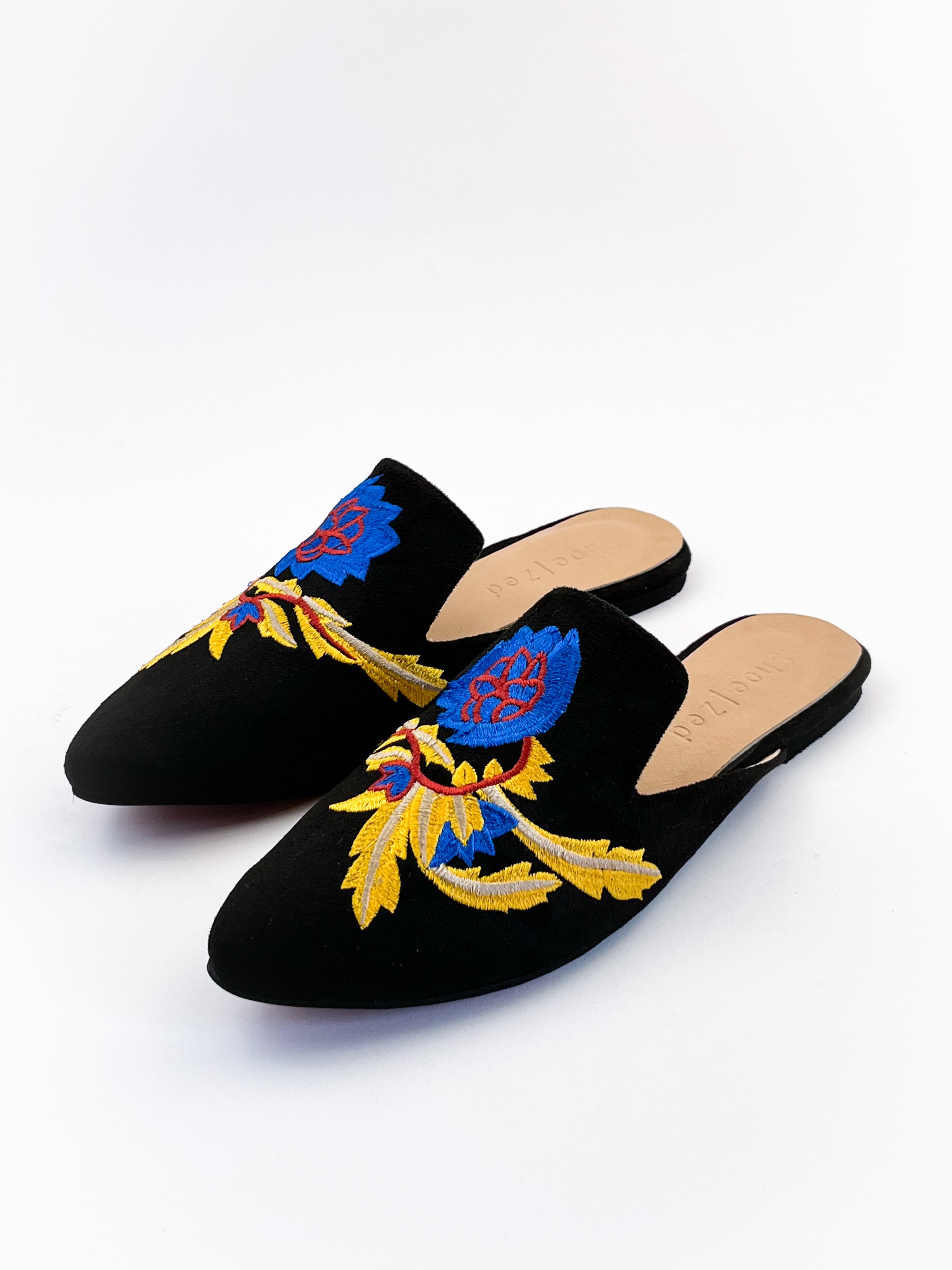 Black Embroidered Mules