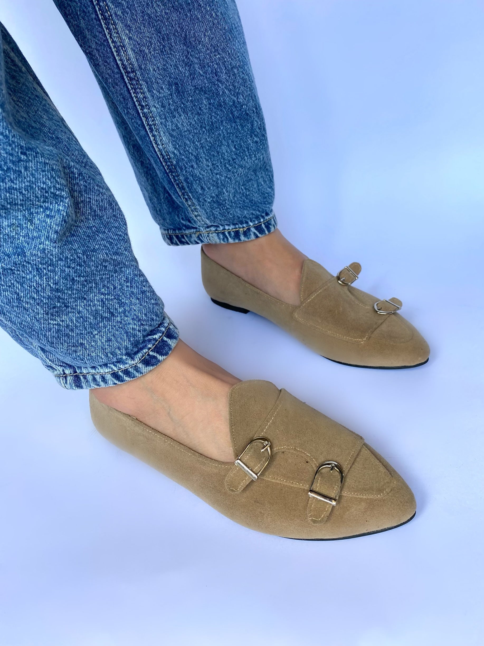 Beige Double-Monk Strap Suede Loafers