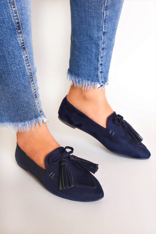 Navy Blue Pointed Bow Tasseled Loafers