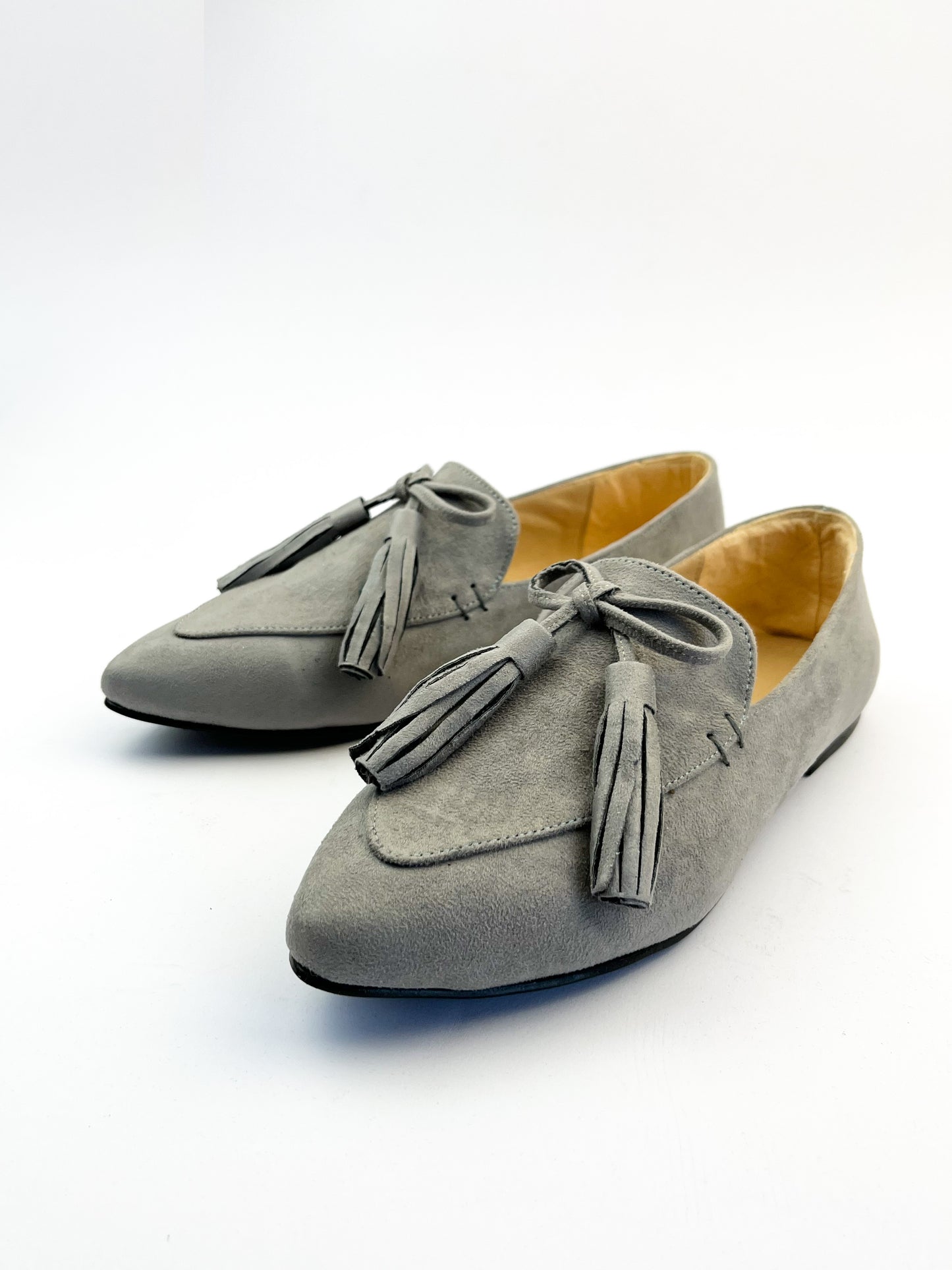 Light Grey Pointed Bow Tasseled Loafers