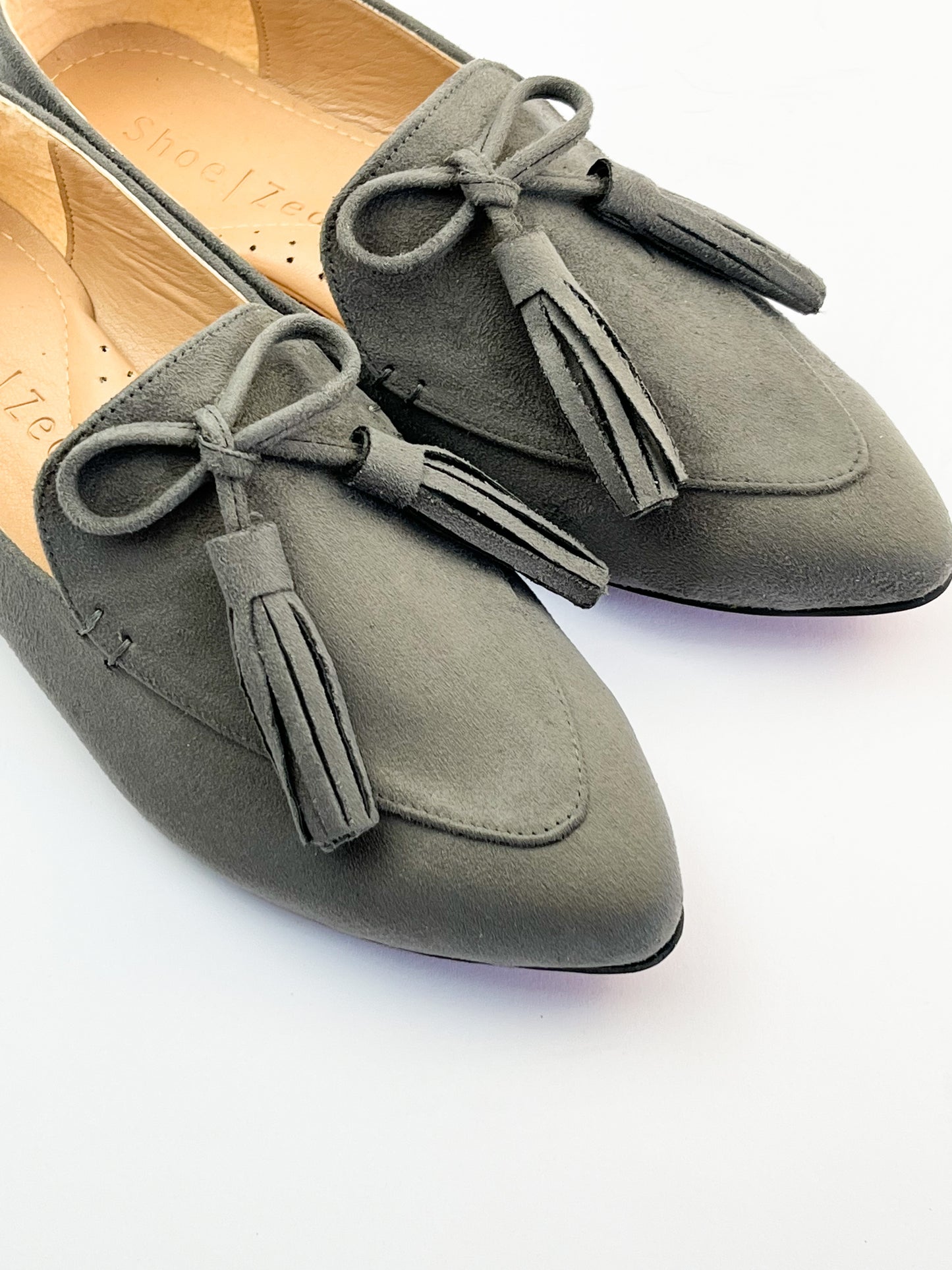 Light Grey Pointed Bow Tasseled Loafers