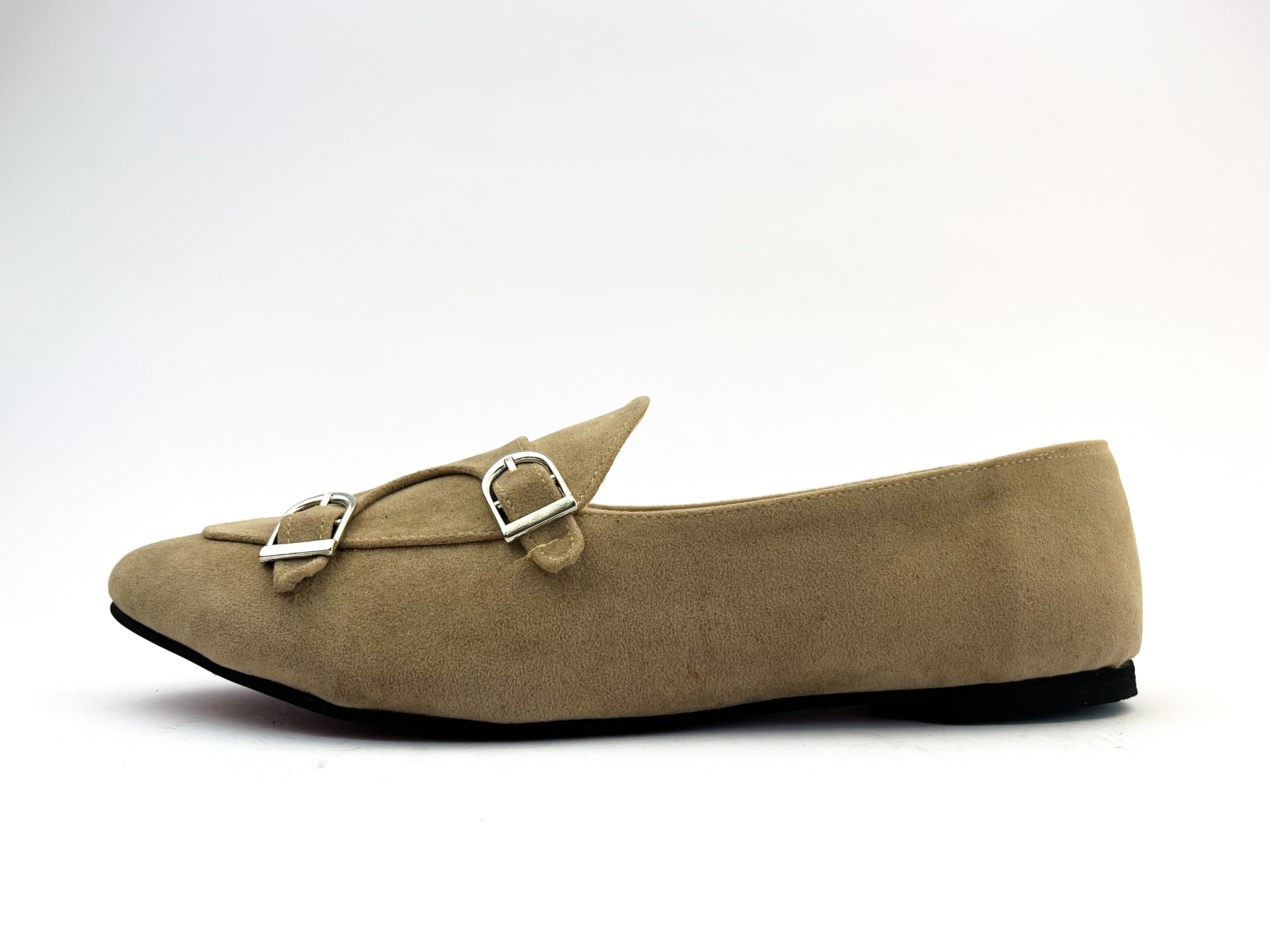 Beige Double-Monk Strap Suede Loafers
