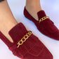 Burgundy Daniela Fringed X Gold Chain Loafers