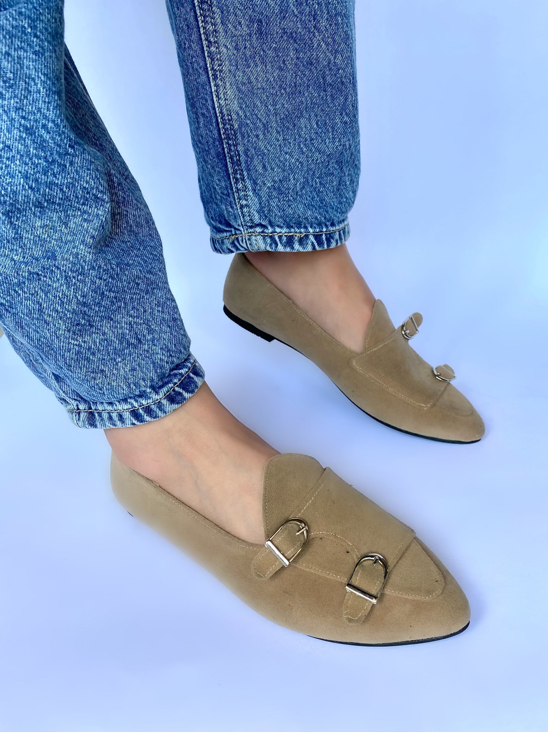 Beige Double-Monk Strap Suede Loafers