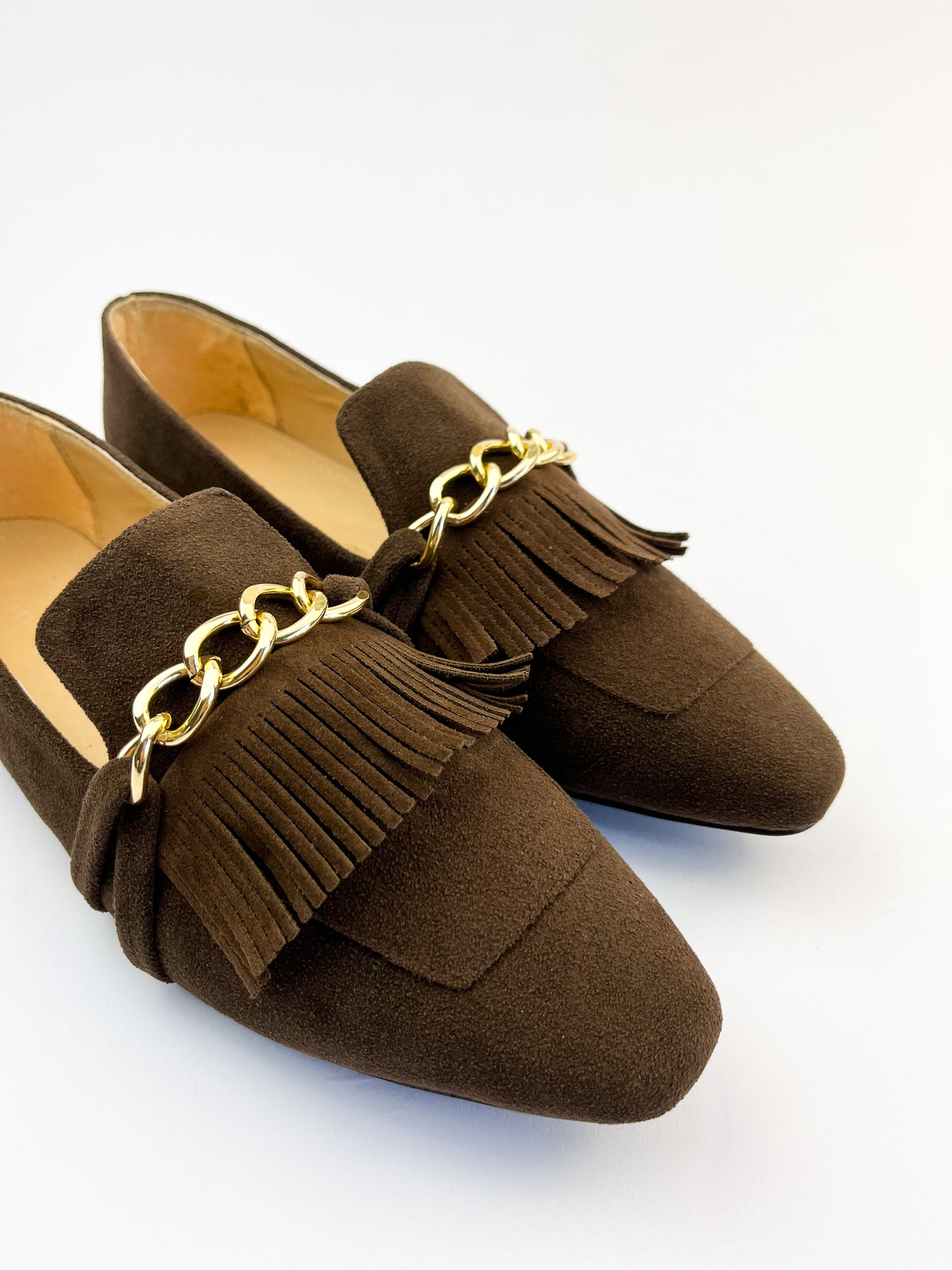 Brown Daniela Fringed X Gold Chain Loafers