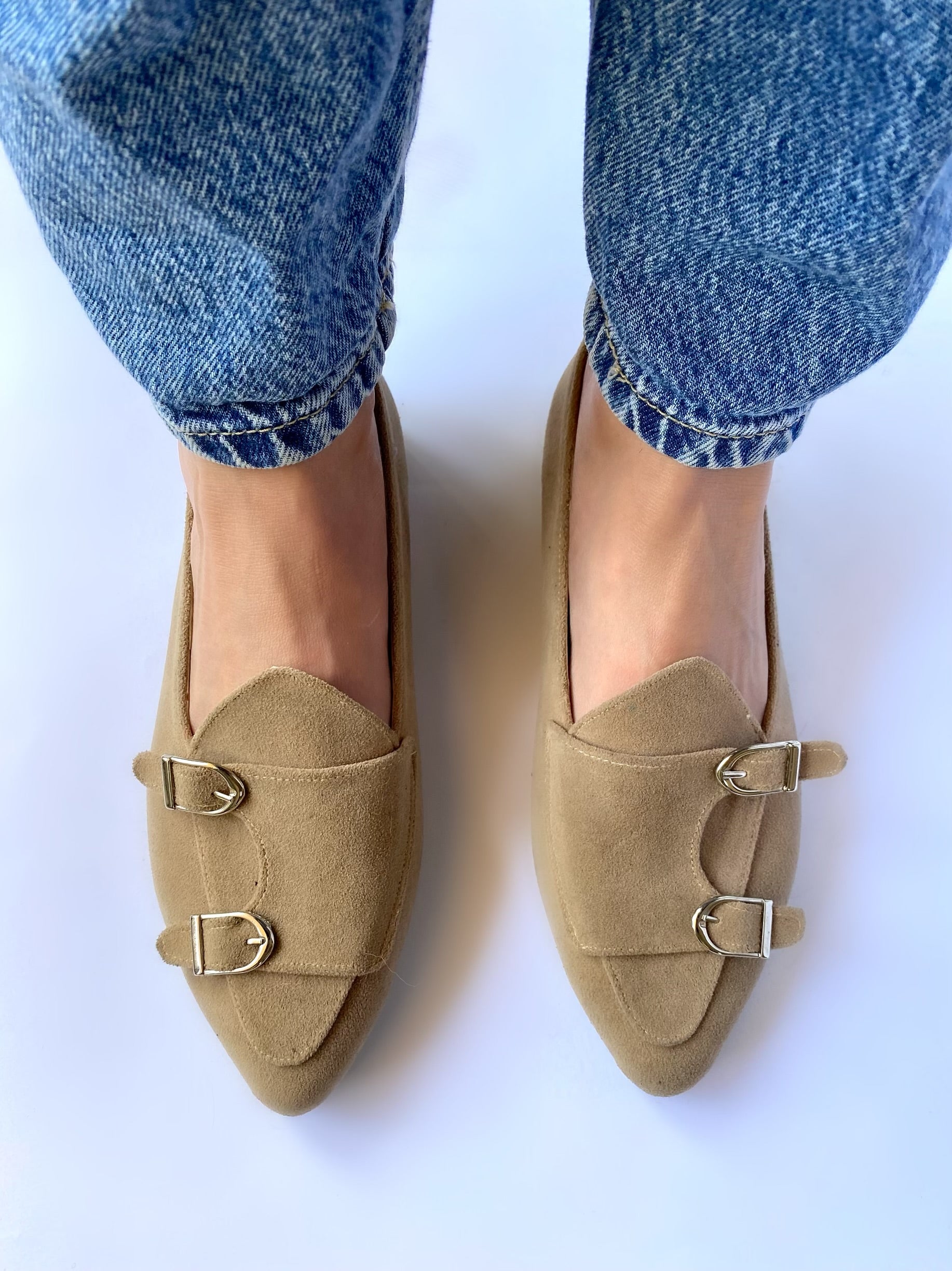 Beige Double-Monk Strap Suede Loafers
