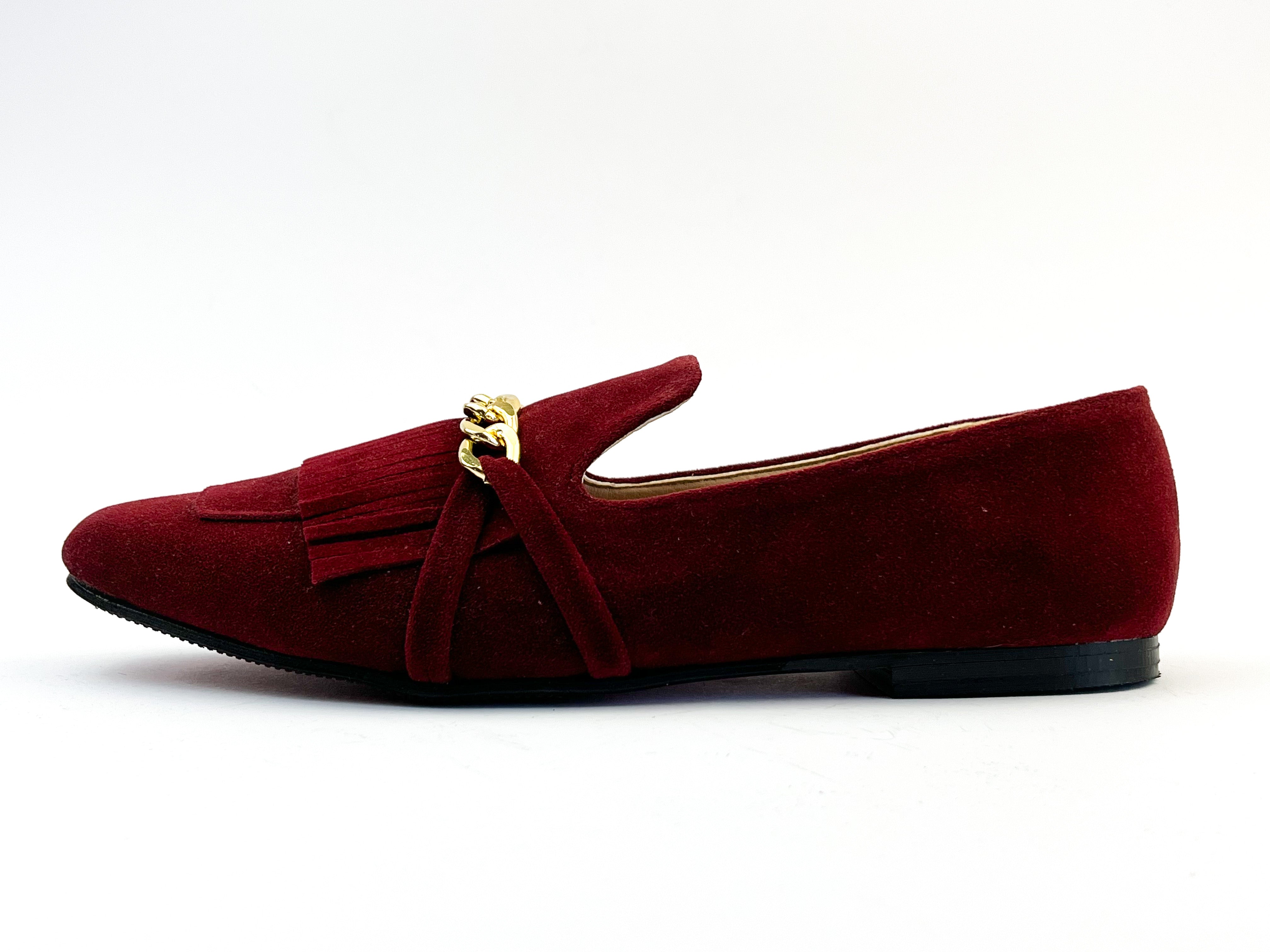 Burgundy Daniela Fringed X Gold Chain Loafers