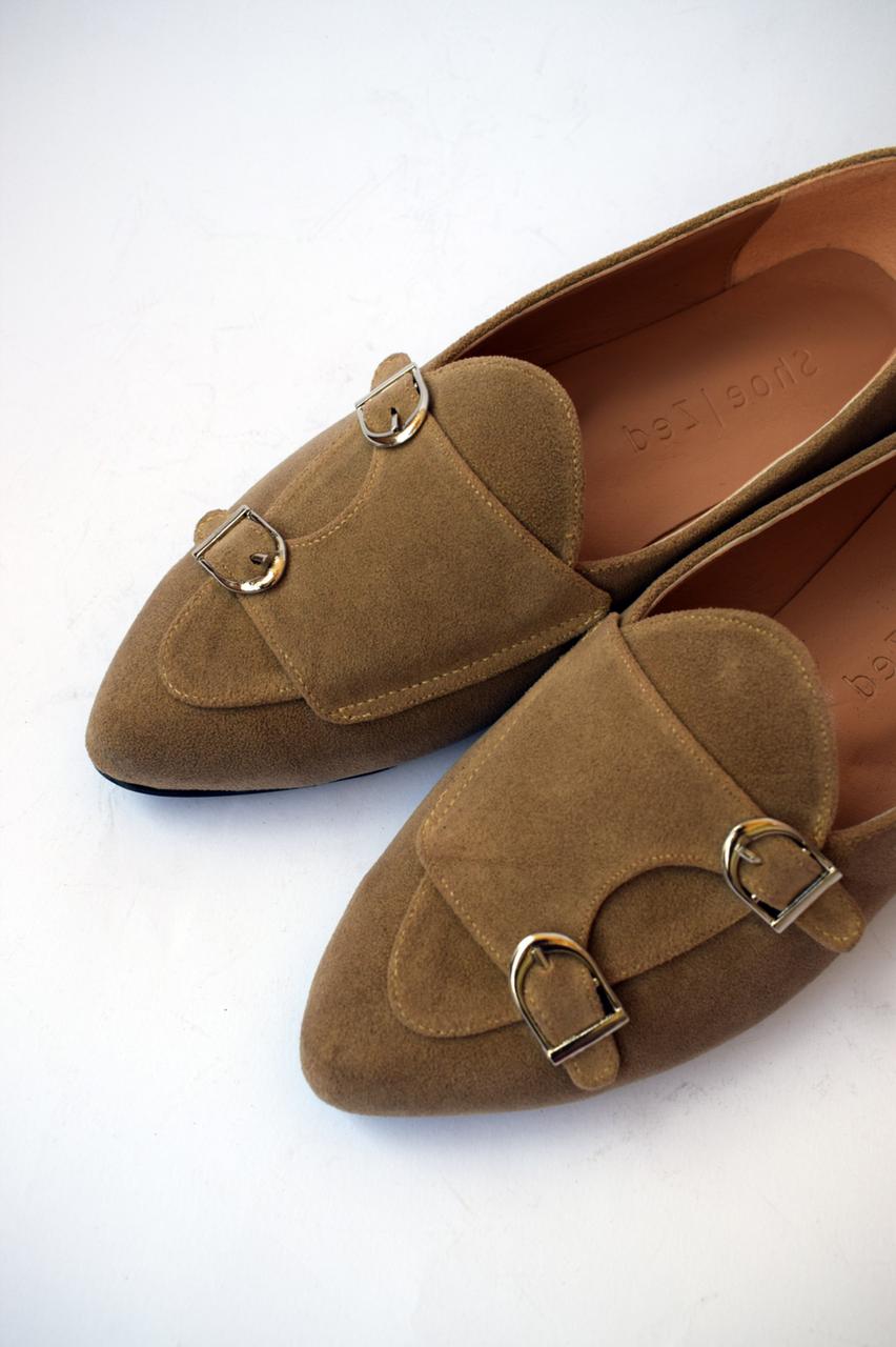 Beige Double-Monk Strap Suede Loafers