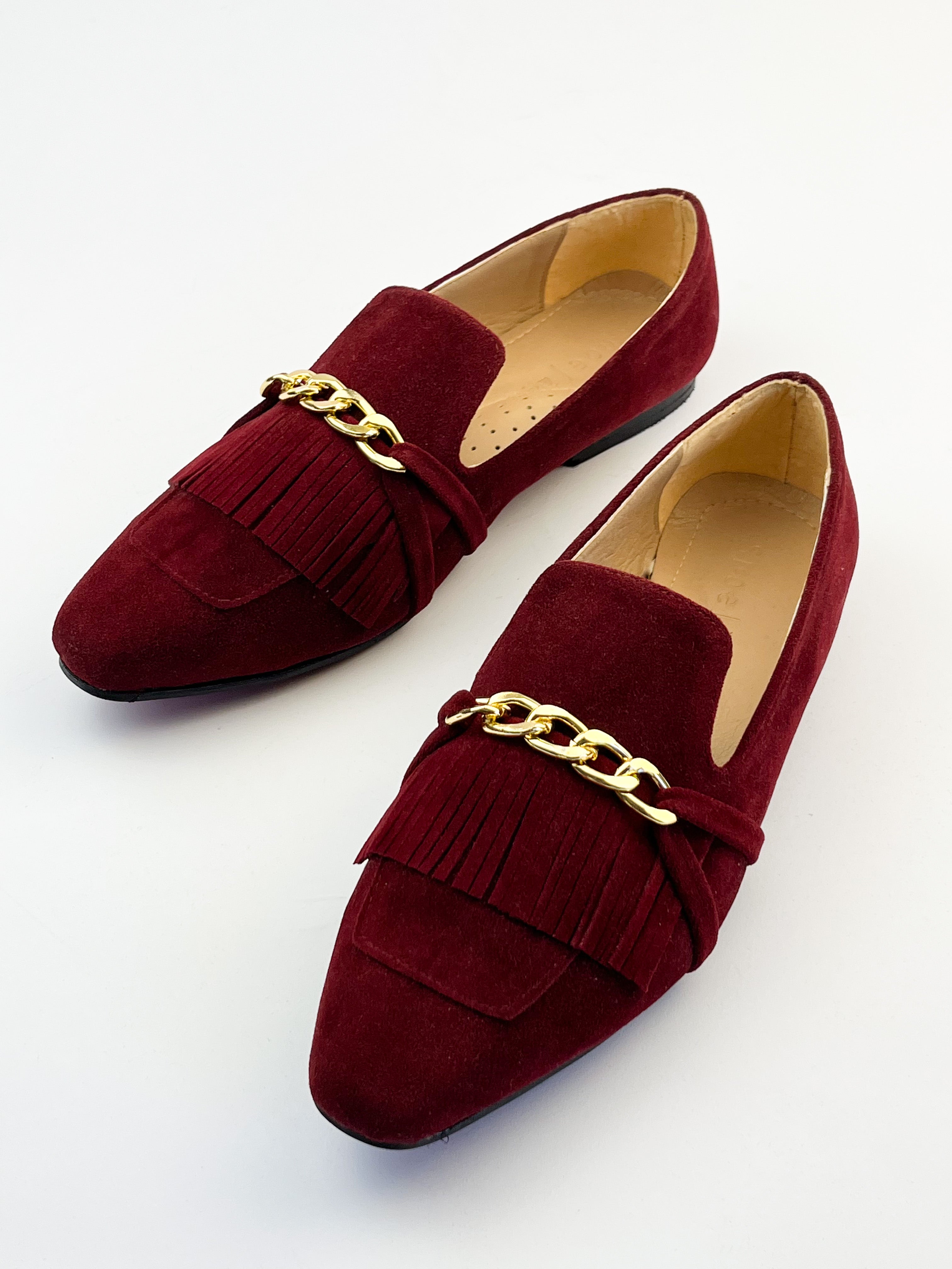 Burgundy Daniela Fringed X Gold Chain Loafers