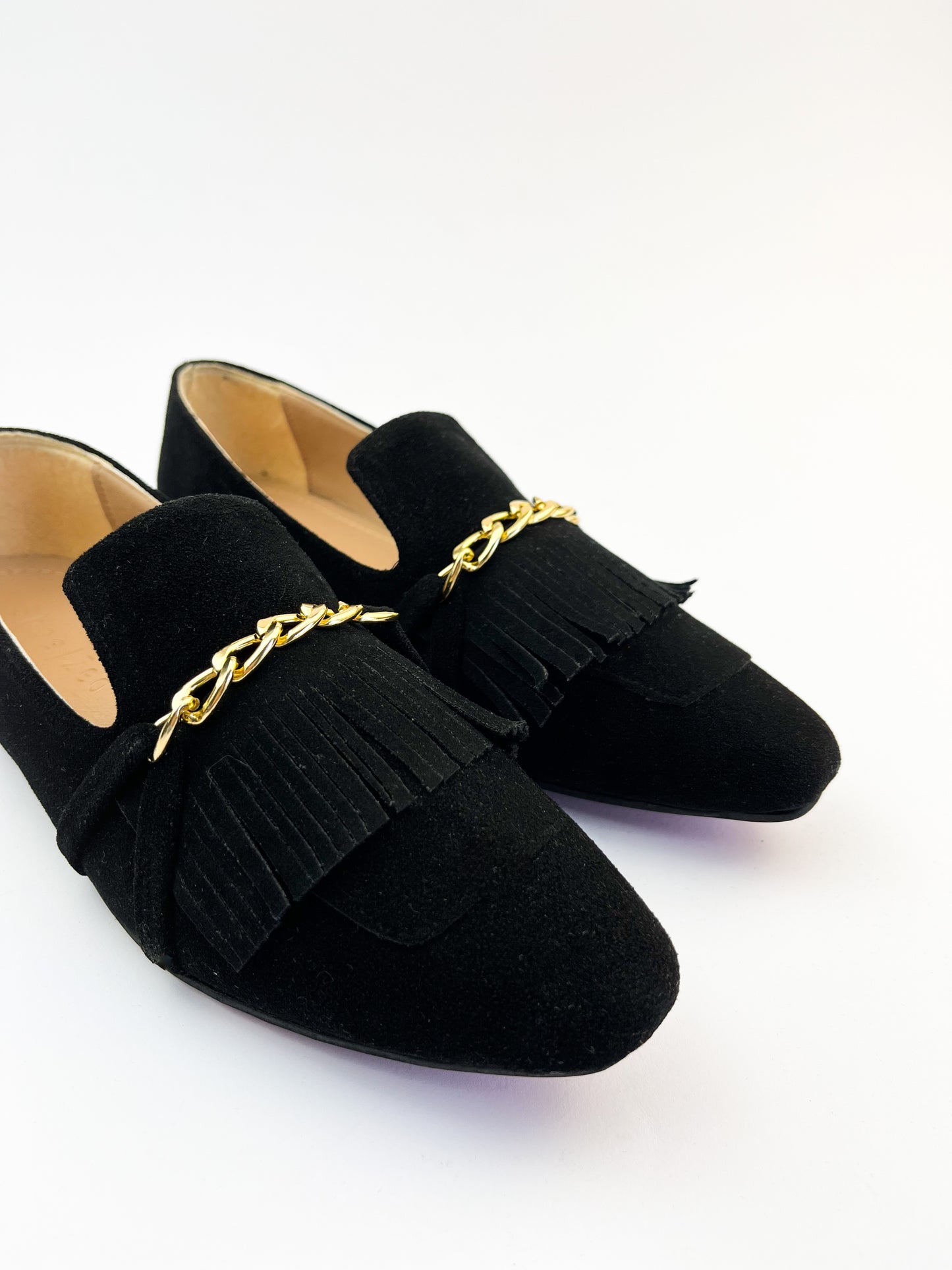 Black Daniela Fringed X Gold Chain Loafers