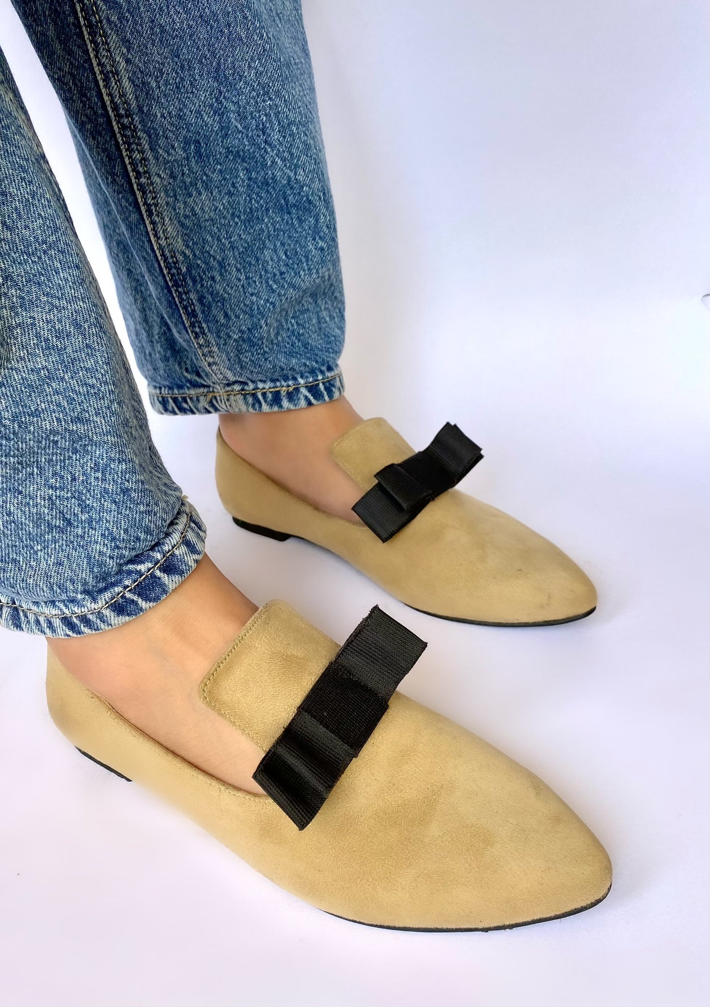 Beige Pointed Bow Loafers