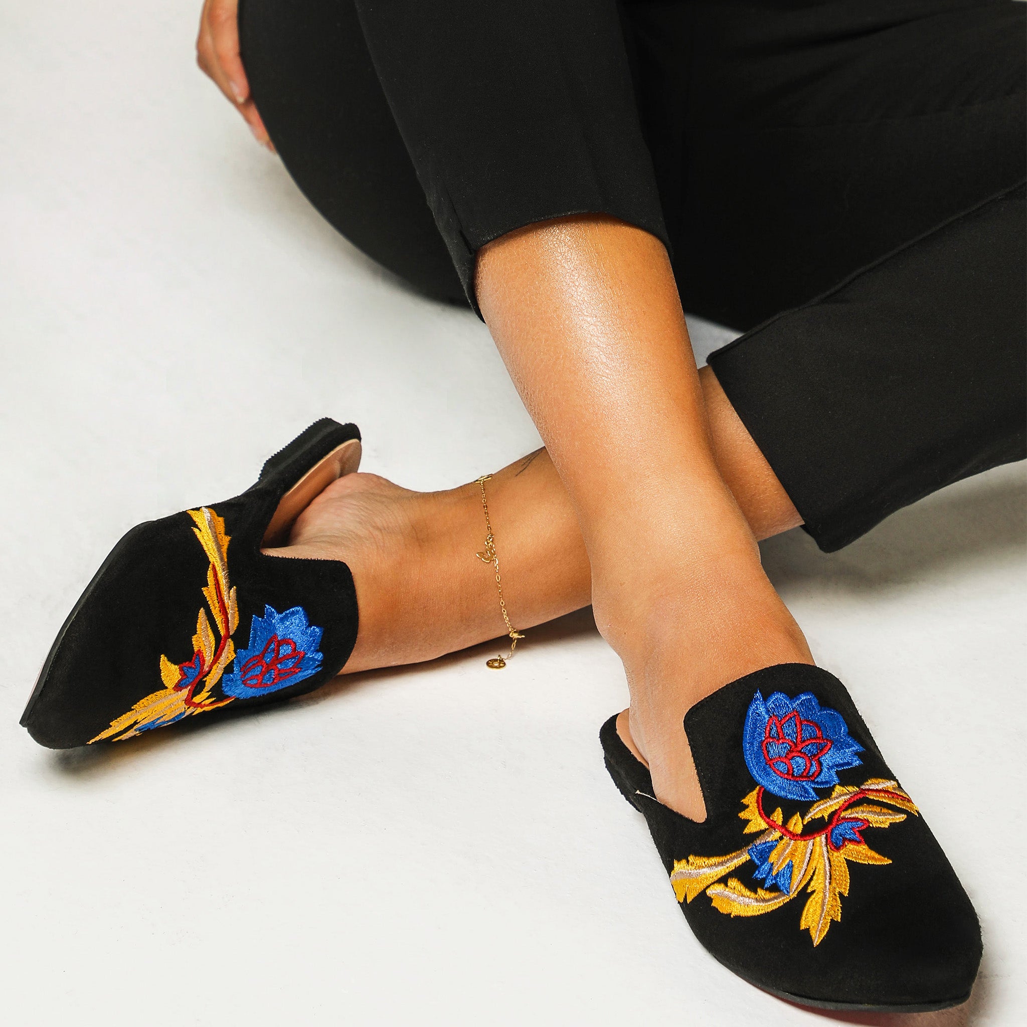 Black Embroidered Mules